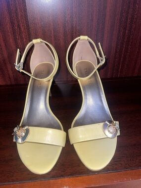 Talbots Lemon Yellow Ankle-Strap Heels with Gold Floral Accent